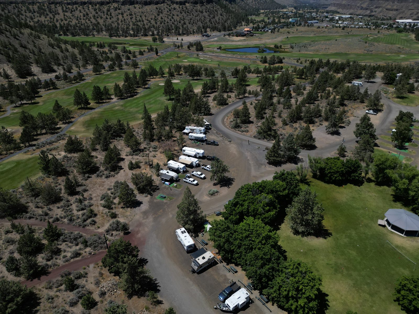 Aerial view of RV park loops along the canyon rim